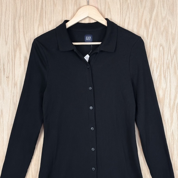 Gap Black Button Down Midi Shirt Dress – Long Sleeve, Collared, Ribbed Knit - Picture 4 of 10